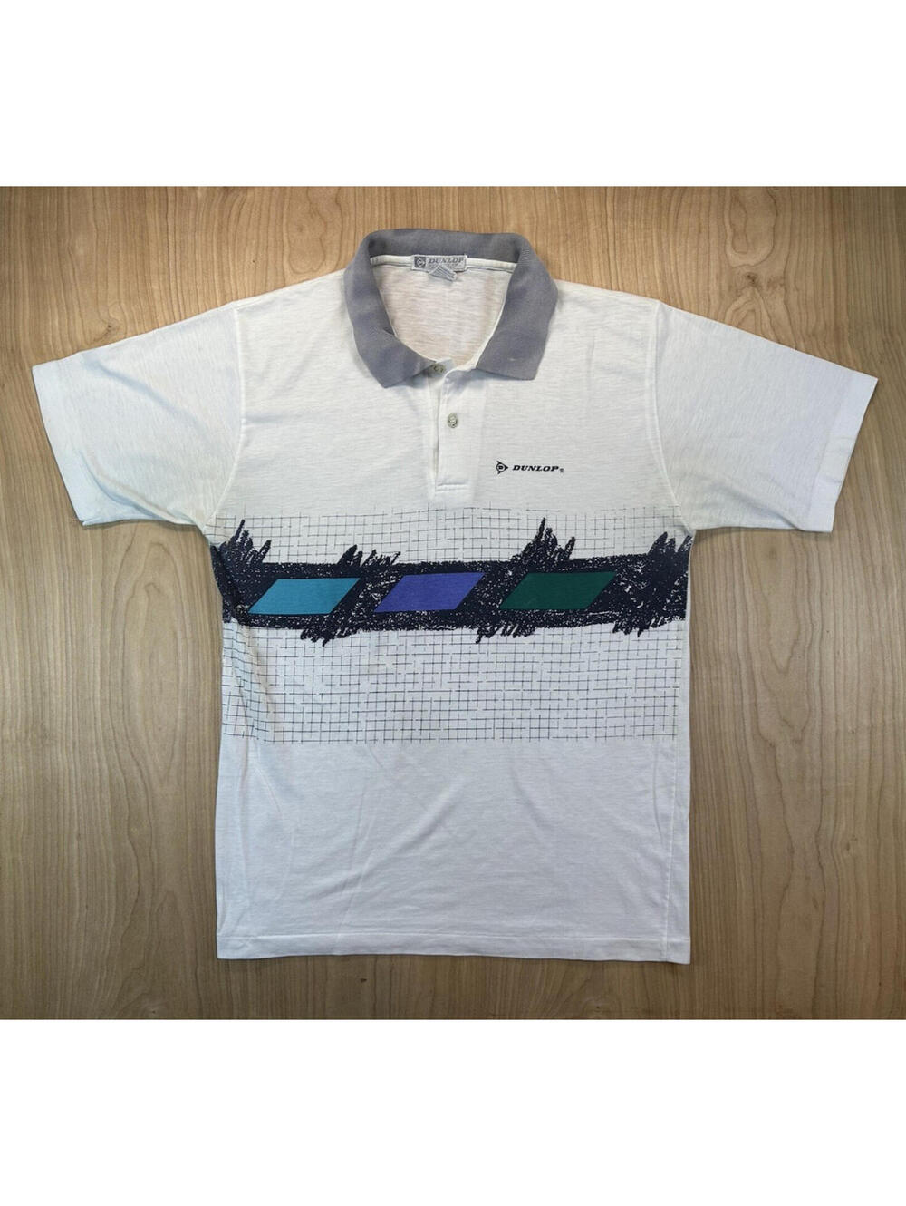 vintage 90's DUNLOP super faded POLO geometric design MEDIUM teal PURPLE preppy